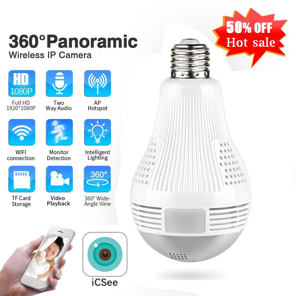 1080P 2.0MP H.265 Security Wifi Camera Lamp 360D Panoramic Bulb IP CCTV Video Surveillance Fisheye HD Night Vision Two Way Audio